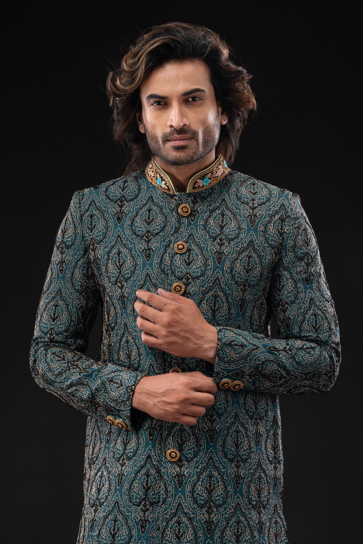 HAMSAFAR Men’s Grey Polyviscose Print Embroidery Sherwani