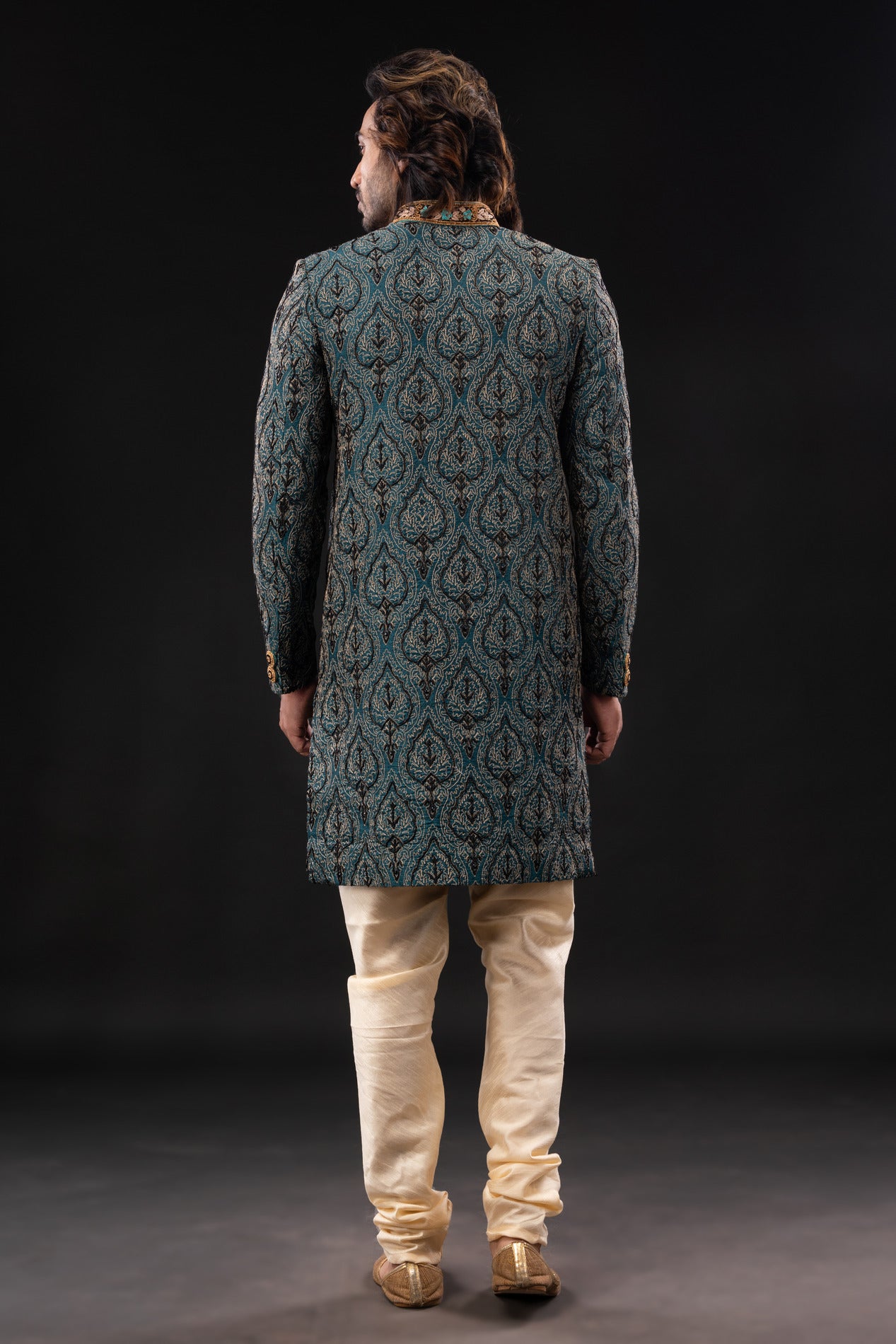 HAMSAFAR Men’s Grey Polyviscose Print Embroidery Sherwani