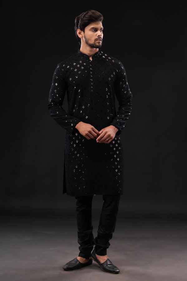 HAMSAFAR Men’s Black Sequence Cotton Casual Kurta