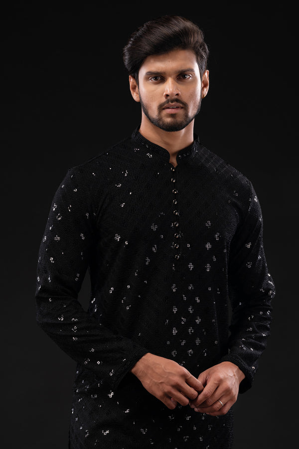 HAMSAFAR Men’s Black Sequence Cotton Casual Kurta