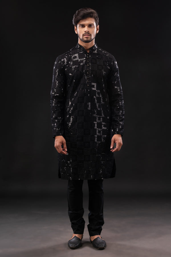 HAMSAFAR Men’s Black Sequence Cotton Casual Kurta