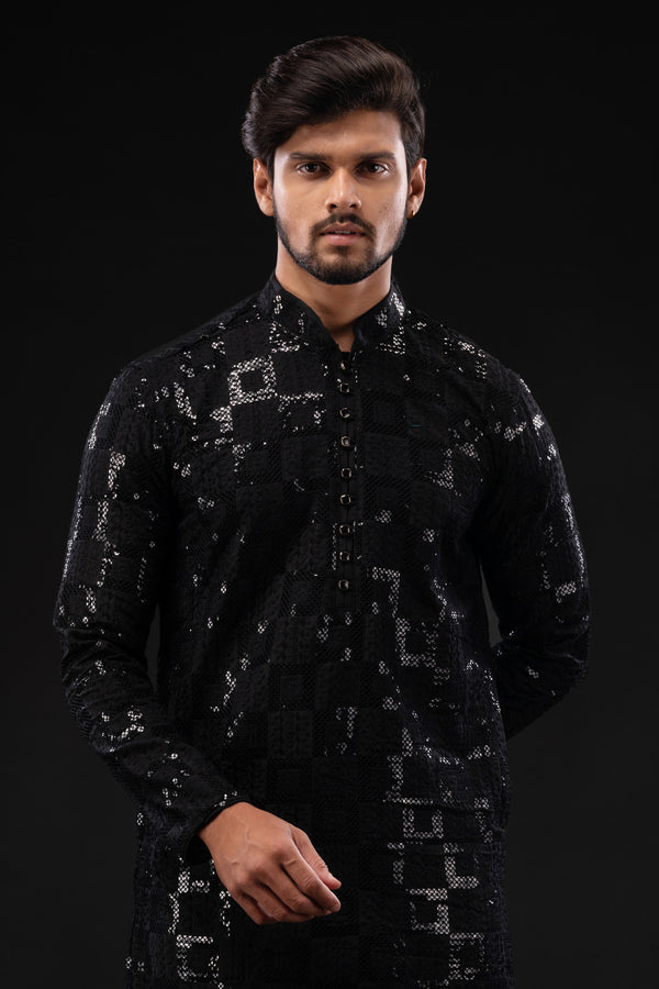 HAMSAFAR Men’s Black Sequence Cotton Casual Kurta