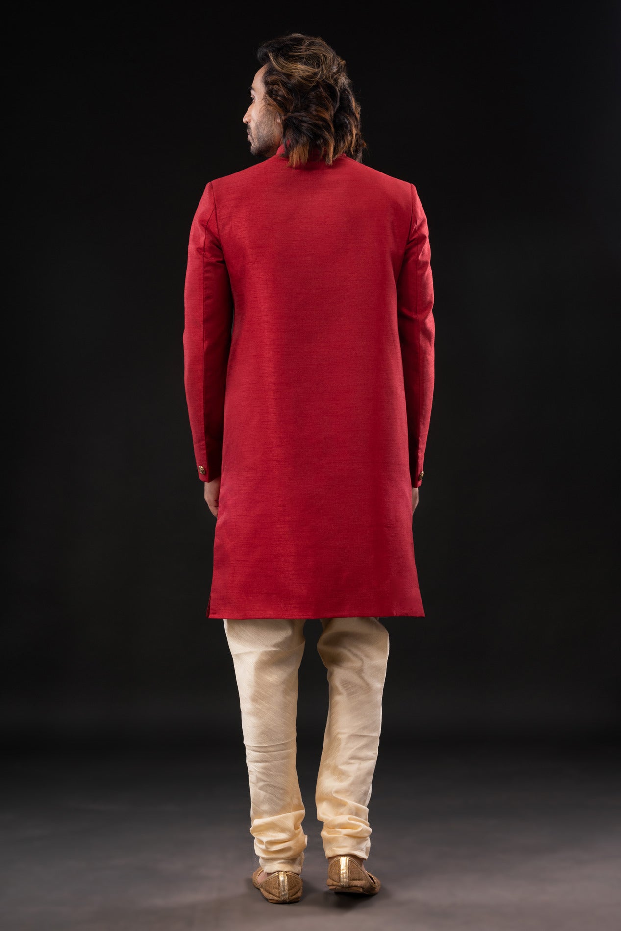 HAMSAFAR Men’s Reddish Pink Poly Dupion Sherwani