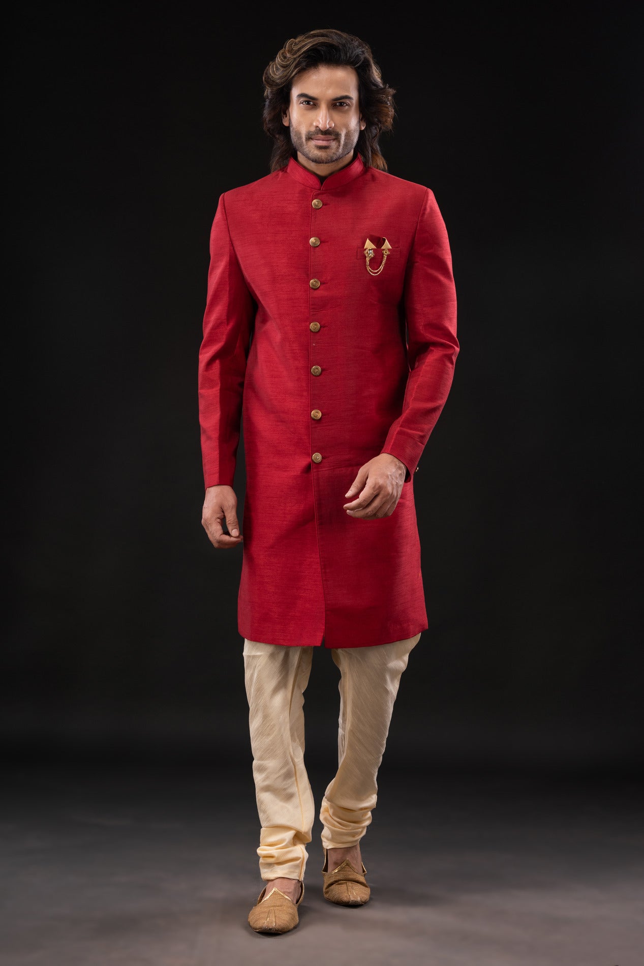 HAMSAFAR Men’s Reddish Pink Poly Dupion Sherwani