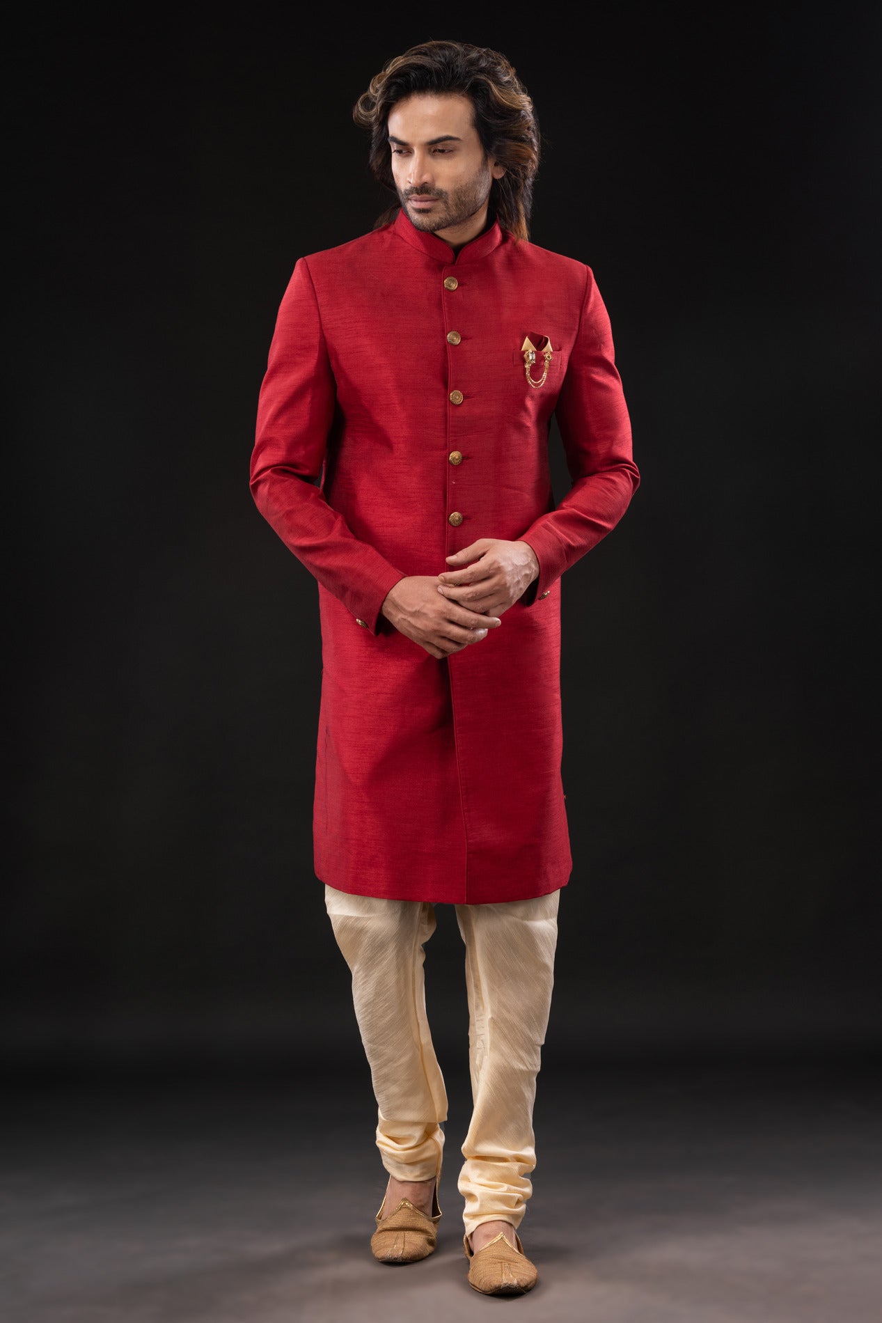 HAMSAFAR Men’s Reddish Pink Poly Dupion Sherwani