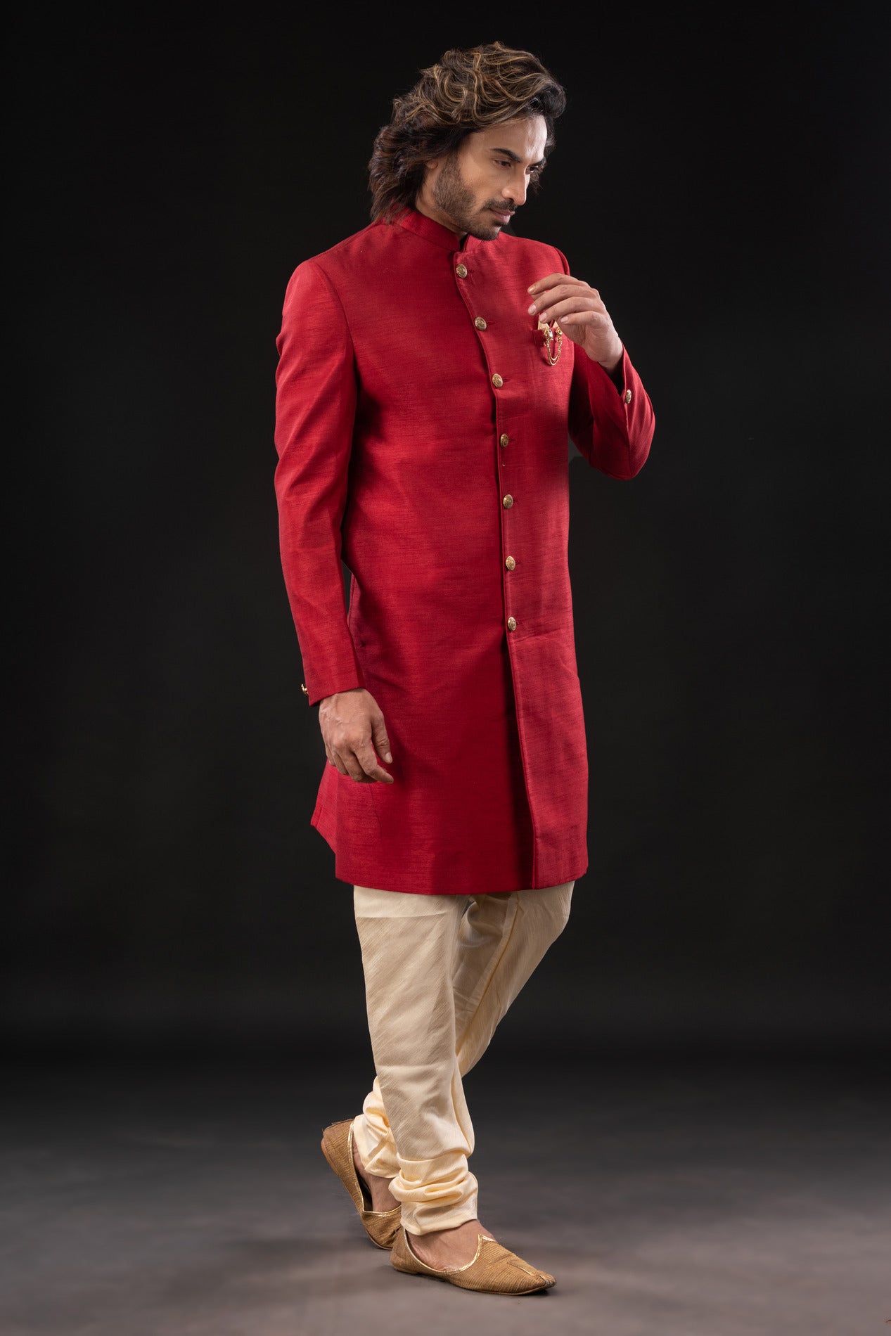 HAMSAFAR Men’s Reddish Pink Poly Dupion Sherwani