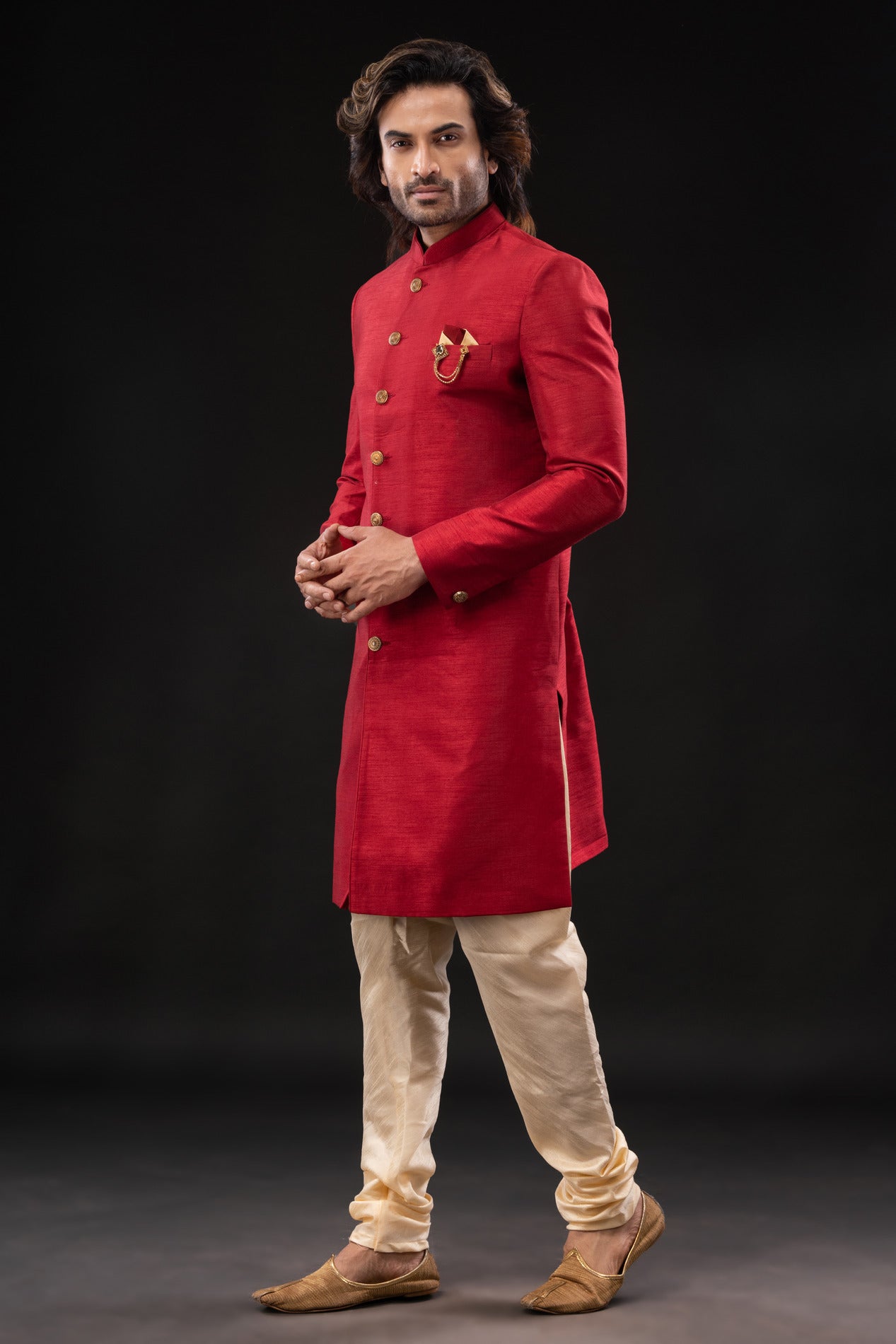 HAMSAFAR Men’s Reddish Pink Poly Dupion Sherwani