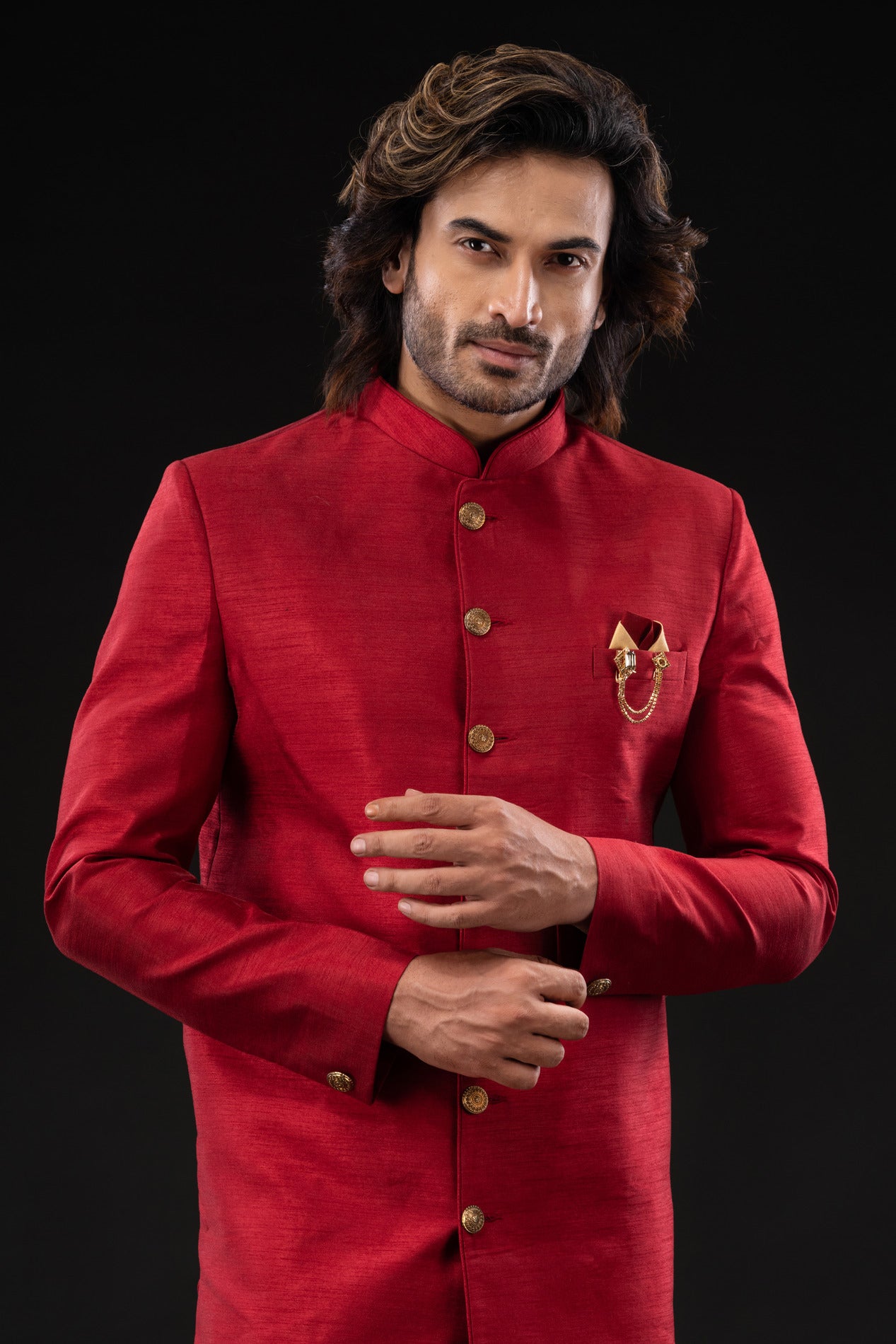 HAMSAFAR Men’s Reddish Pink Poly Dupion Sherwani