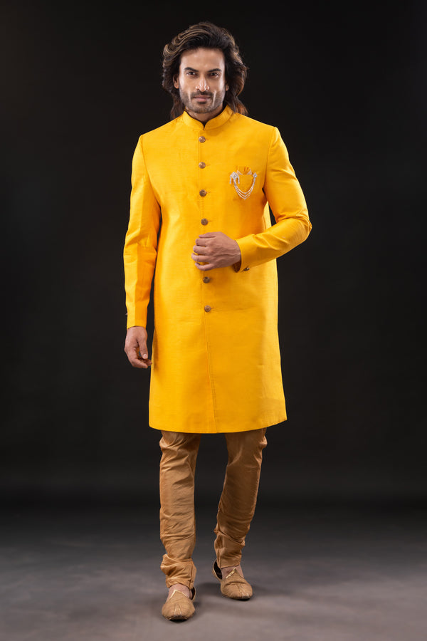 HAMSAFAR Men’s Yellow Poly Dupion Sherwani