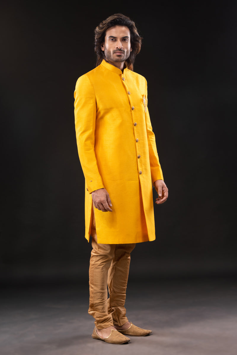 HAMSAFAR Men’s Yellow Poly Dupion Sherwani