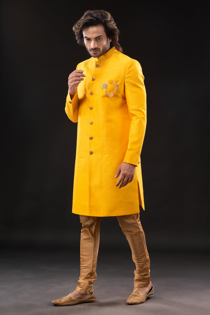 HAMSAFAR Men’s Yellow Poly Dupion Sherwani