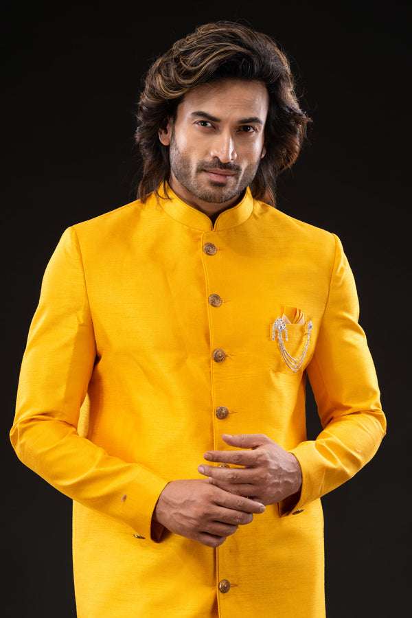 HAMSAFAR Men’s Yellow Poly Dupion Sherwani