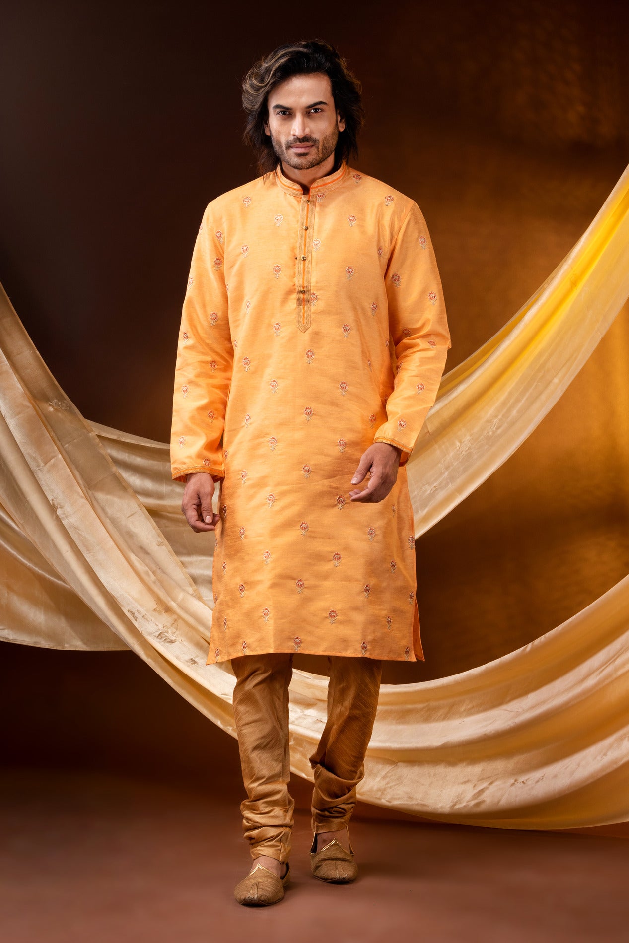 HAMSAFAR Men’s Yellow Dupion Print Party Wear Kurta