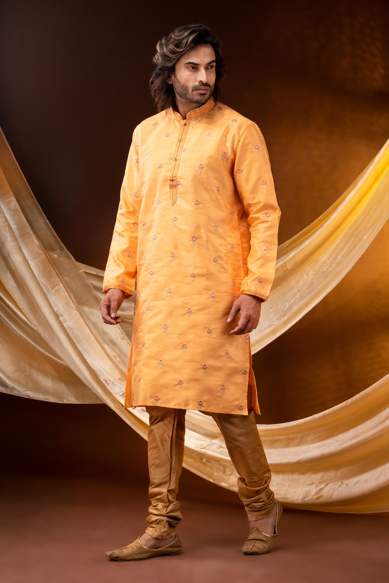 HAMSAFAR Men’s Yellow Dupion Print Party Wear Kurta