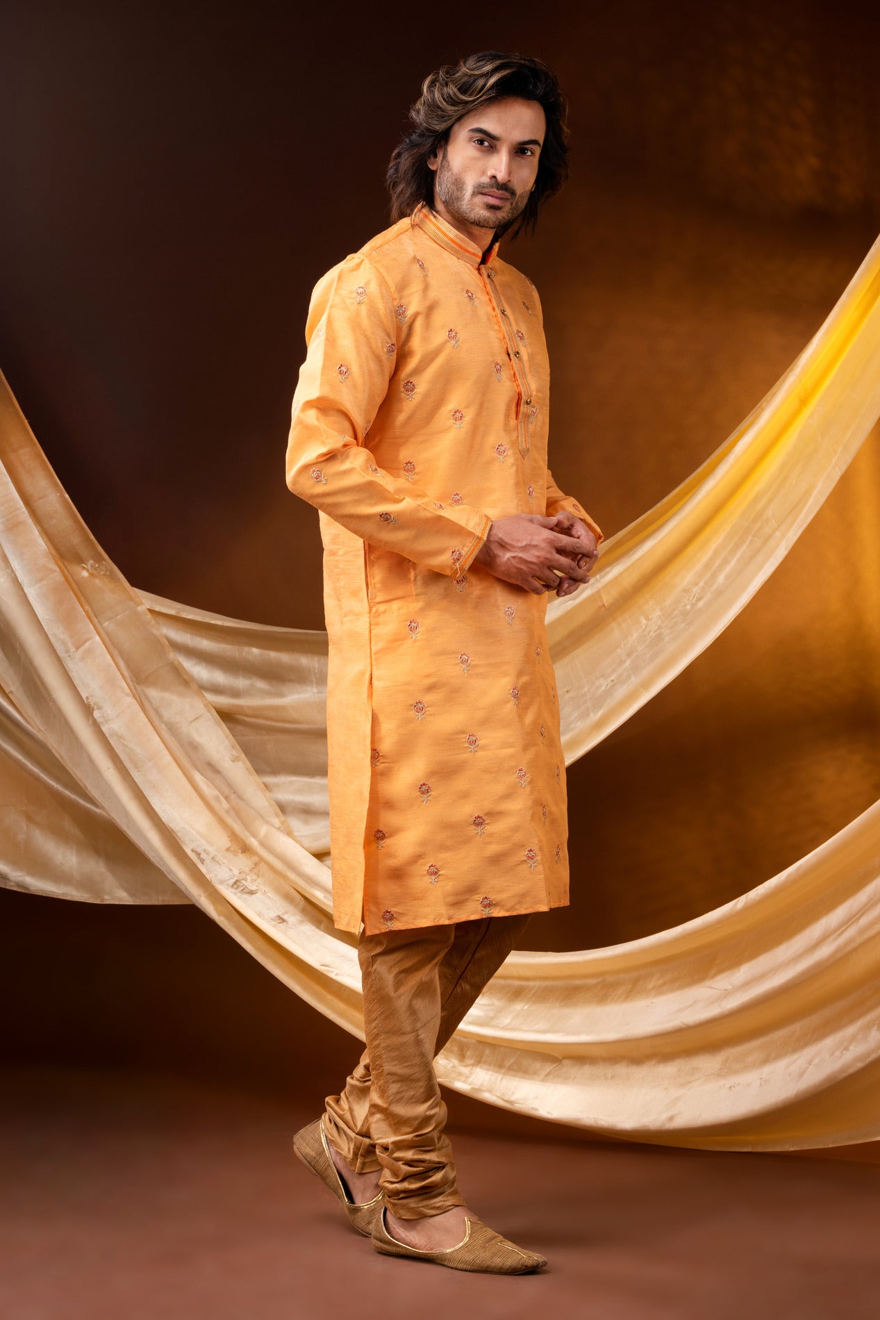 HAMSAFAR Men’s Yellow Dupion Print Party Wear Kurta
