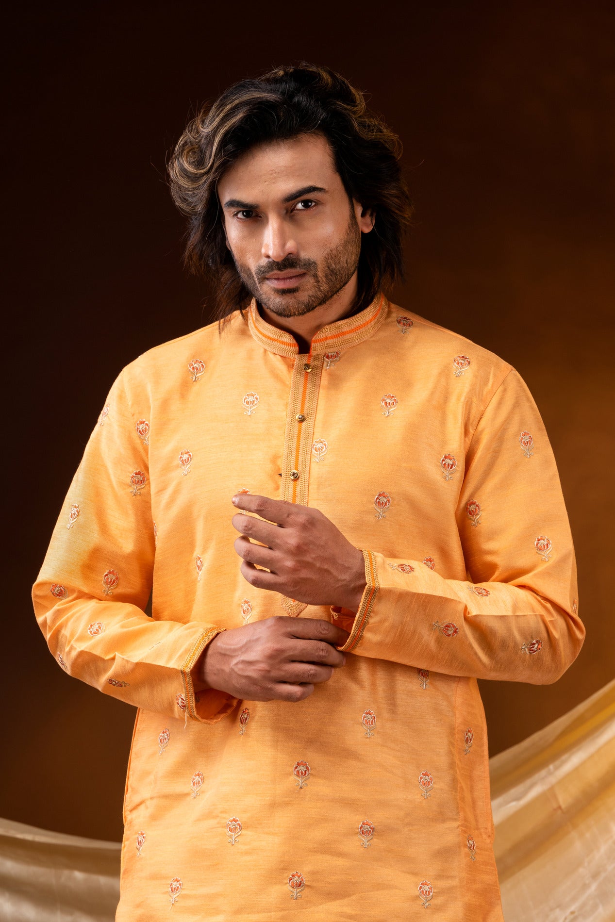 HAMSAFAR Men’s Yellow Dupion Print Party Wear Kurta