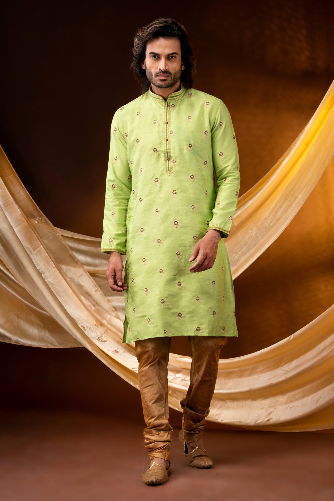 HAMSAFAR Men’s Lemon Yellow Poly Dupion Party wear Kurta