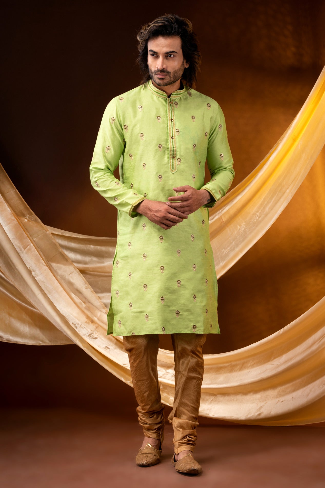 HAMSAFAR Men’s Lemon Yellow Poly Dupion Party wear Kurta