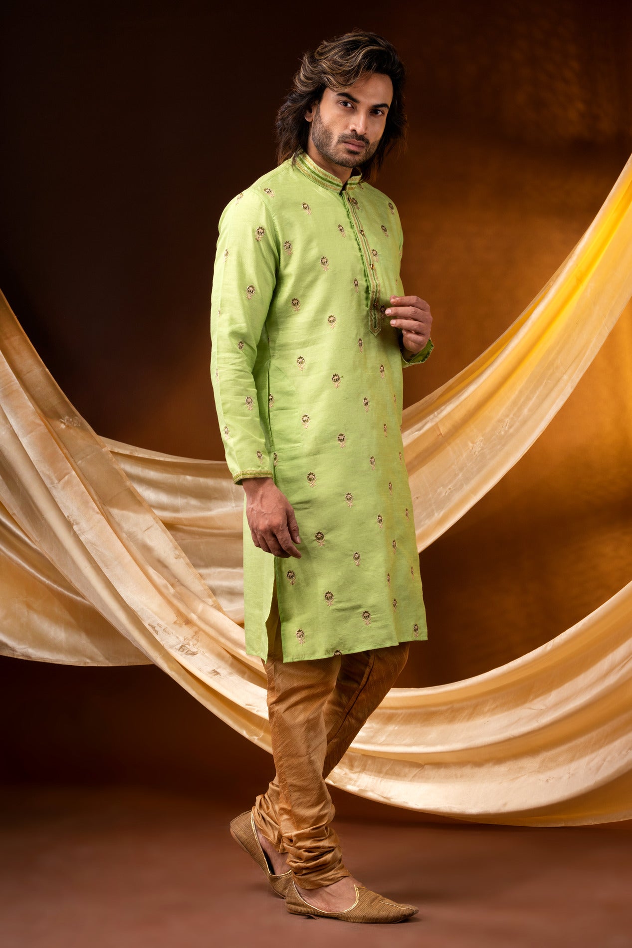 HAMSAFAR Men’s Lemon Yellow Poly Dupion Party wear Kurta