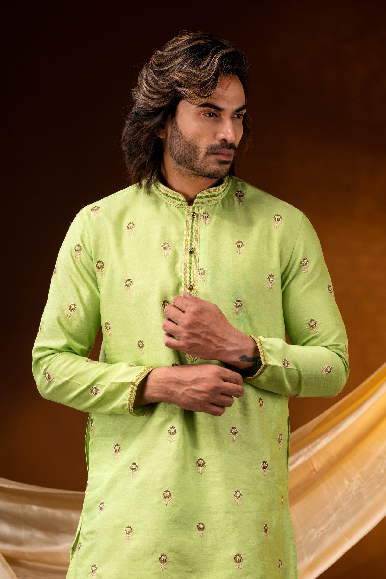 HAMSAFAR Men’s Lemon Yellow Poly Dupion Party wear Kurta