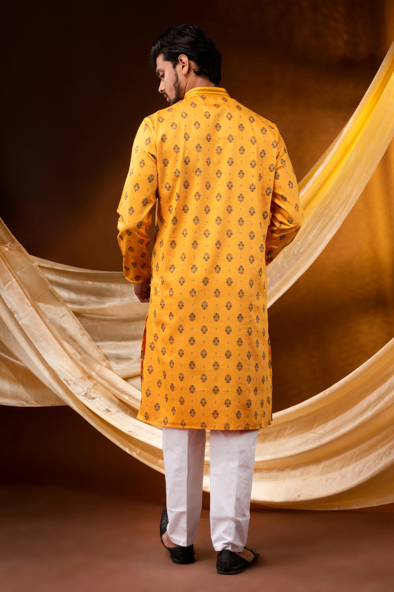 HAMSAFAR Men’s Yellow Cotton printed casual Kurta