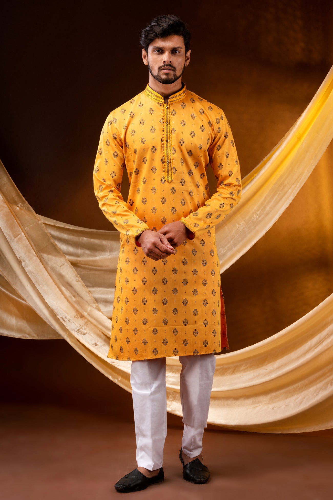 HAMSAFAR Men’s Yellow Cotton printed casual Kurta