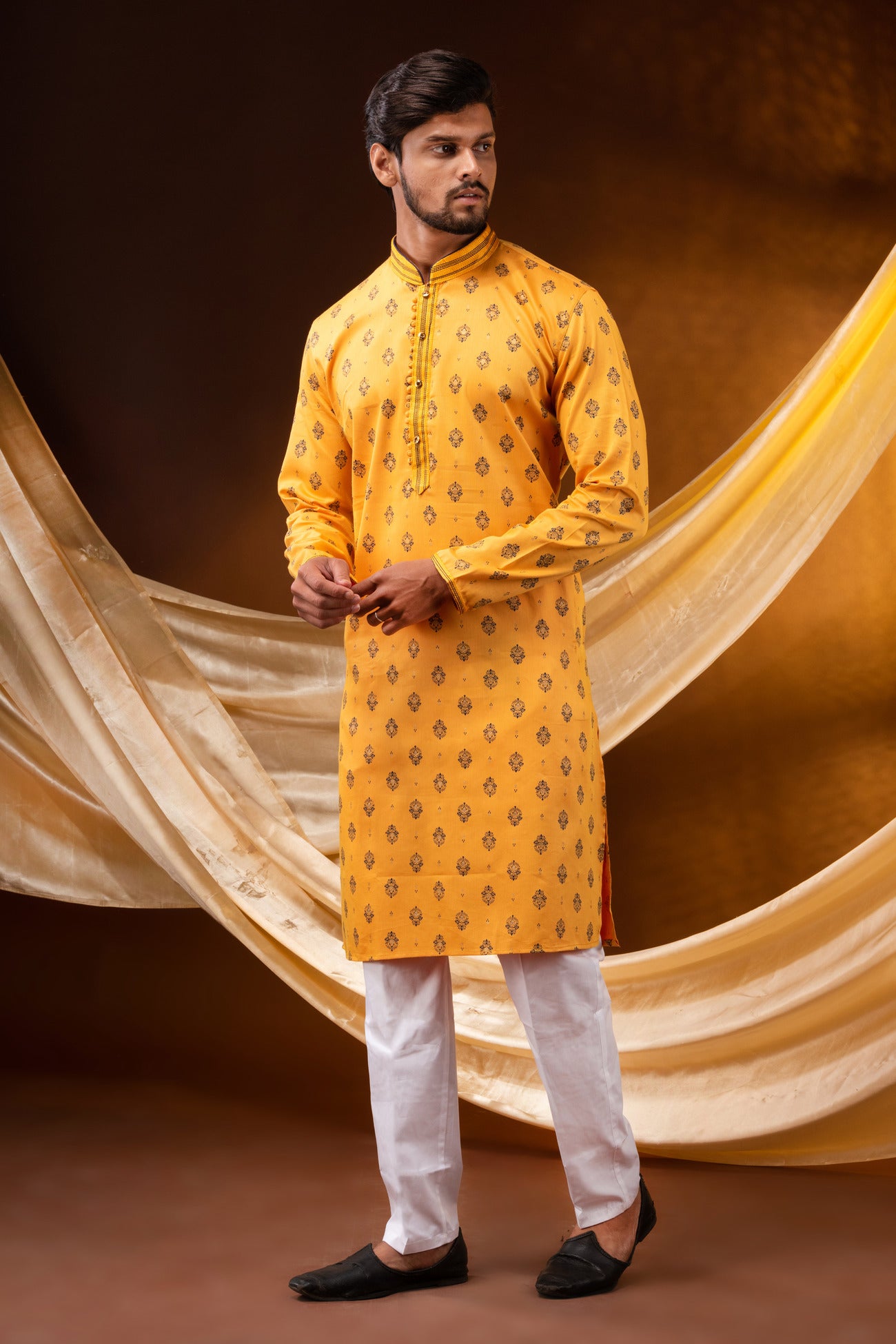 HAMSAFAR Men’s Yellow Cotton printed casual Kurta