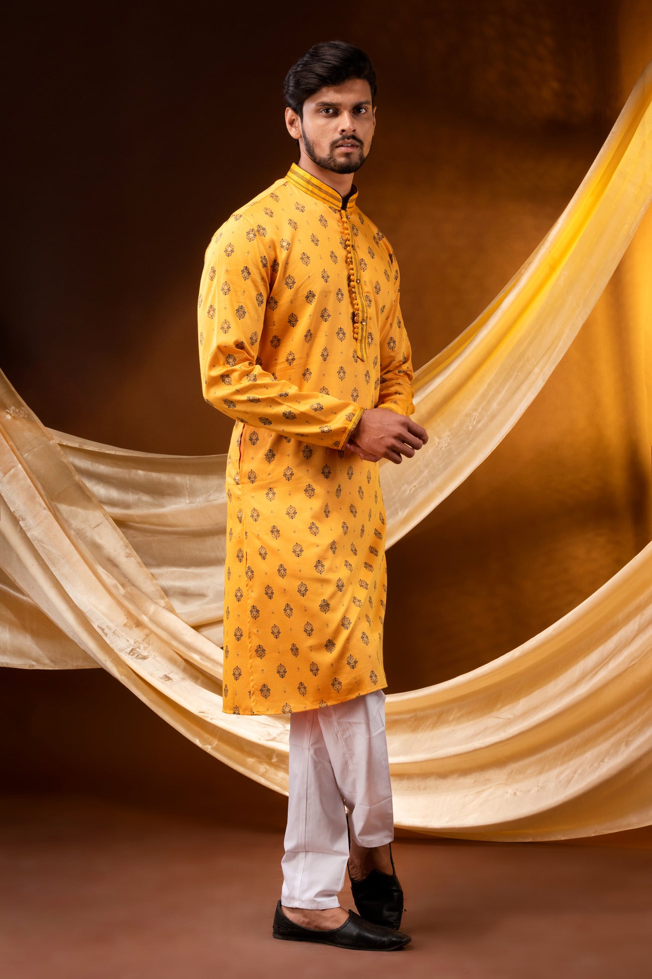 HAMSAFAR Men’s Yellow Cotton printed casual Kurta