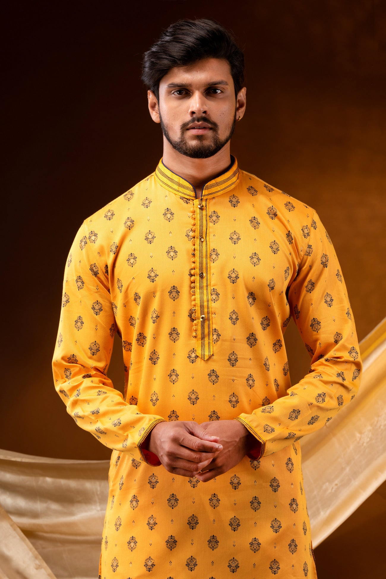 HAMSAFAR Men’s Yellow Cotton printed casual Kurta
