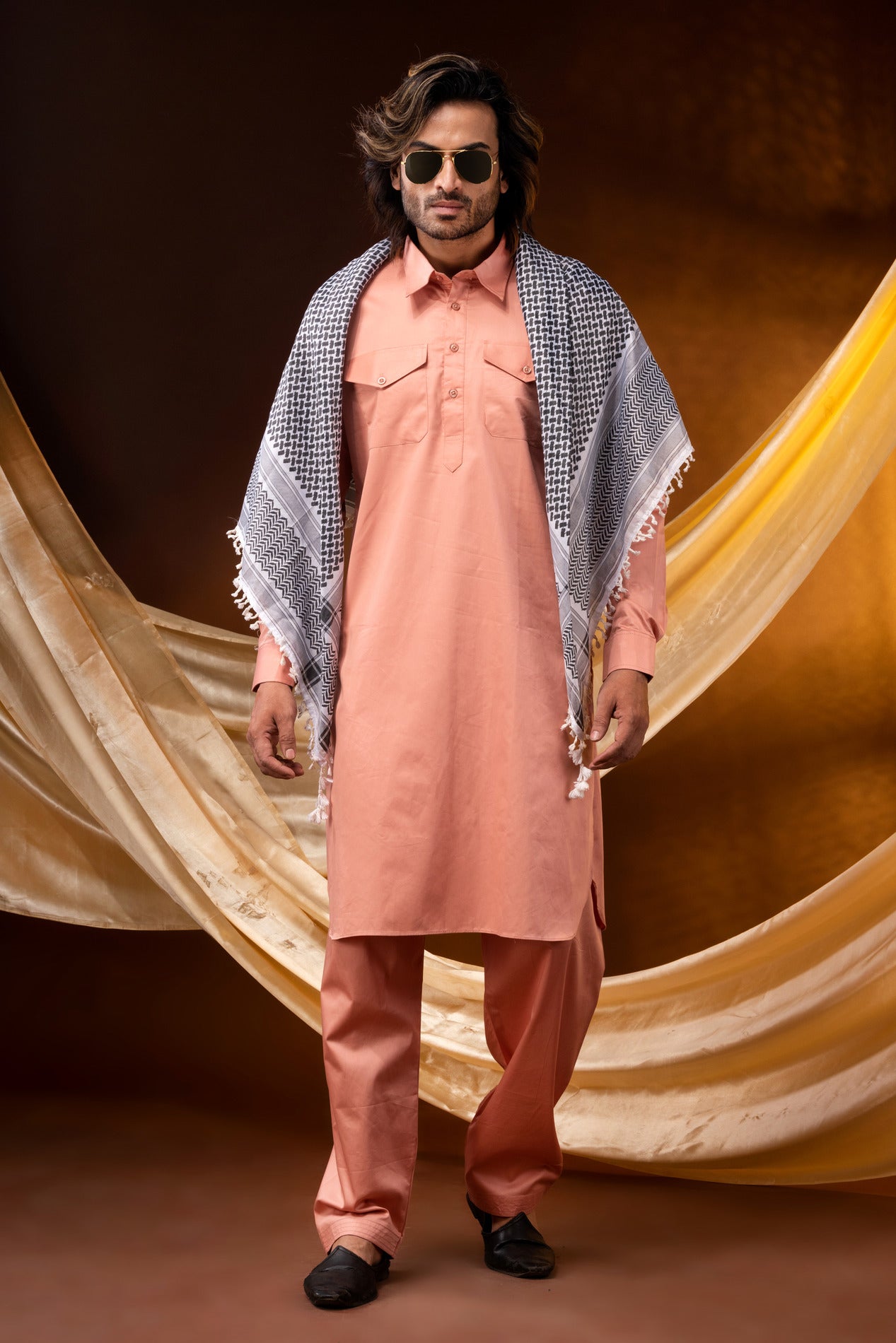 HAMSAFAR Men’s Pink Pathani Giza Cotton Kurta and Pyjama Set