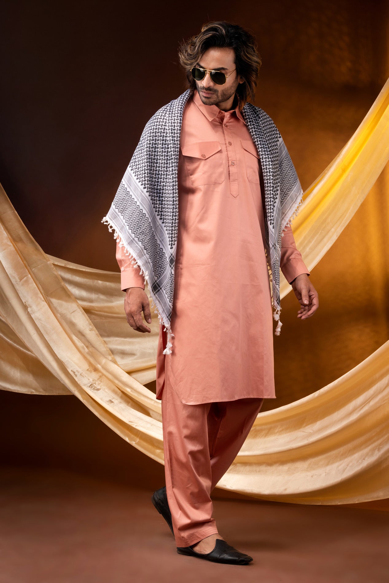HAMSAFAR Men’s Pink Pathani Giza Cotton Kurta and Pyjama Set