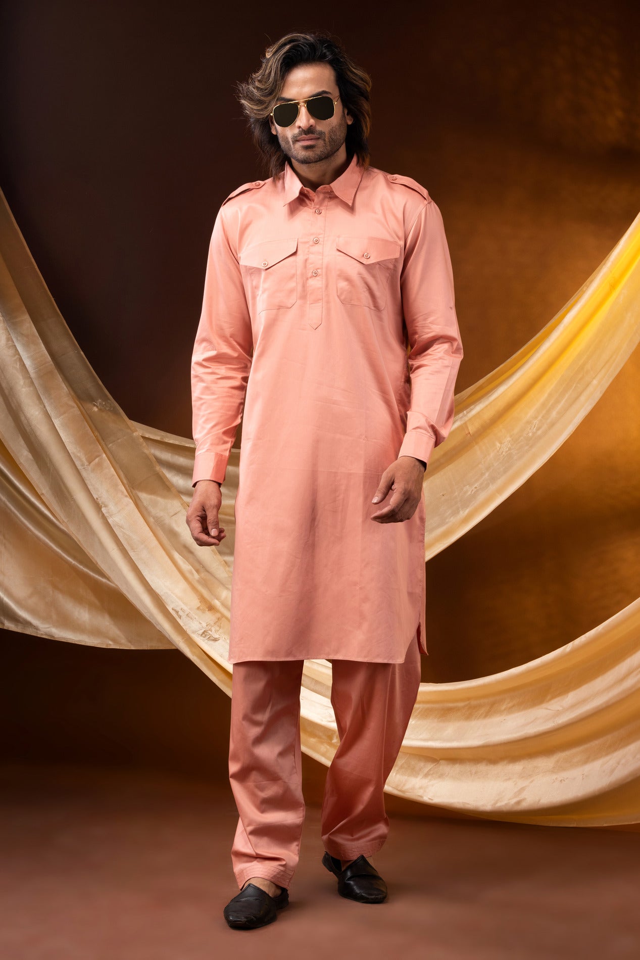 HAMSAFAR Men’s Pink Pathani Giza Cotton Kurta and Pyjama Set