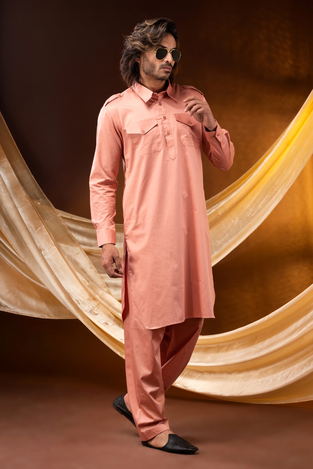 HAMSAFAR Men’s Pink Pathani Giza Cotton Kurta and Pyjama Set