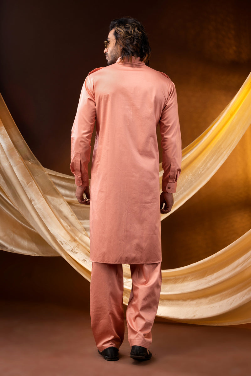 HAMSAFAR Men’s Pink Pathani Giza Cotton Kurta and Pyjama Set