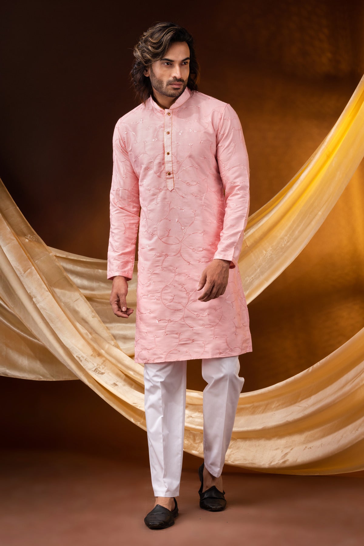 HAMSAFAR Men’s Cream Poly Dupion Sequnce Party Wear Kurta