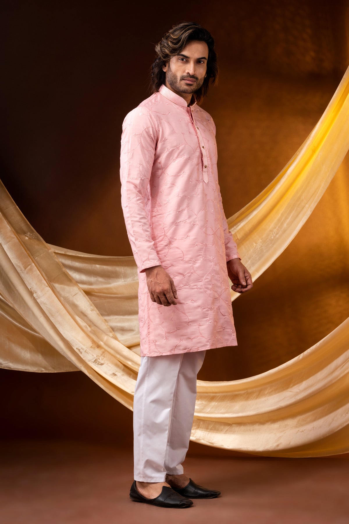 HAMSAFAR Men’s Cream Poly Dupion Sequnce Party Wear Kurta