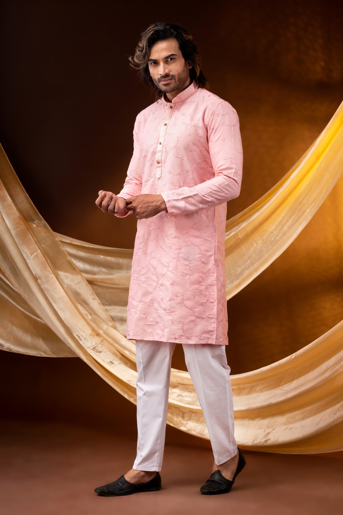 HAMSAFAR Men’s Cream Poly Dupion Sequnce Party Wear Kurta