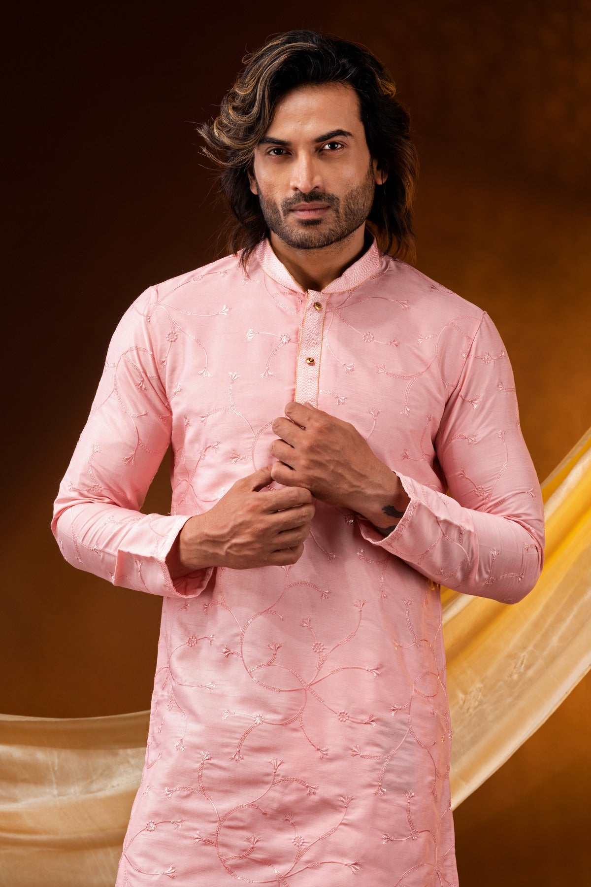 HAMSAFAR Men’s Cream Poly Dupion Sequnce Party Wear Kurta