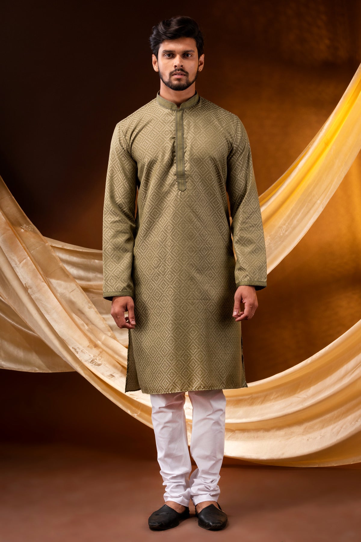 HAMSAFAR Men’s Mehndi Green Cotton Zakard Casual Kurta