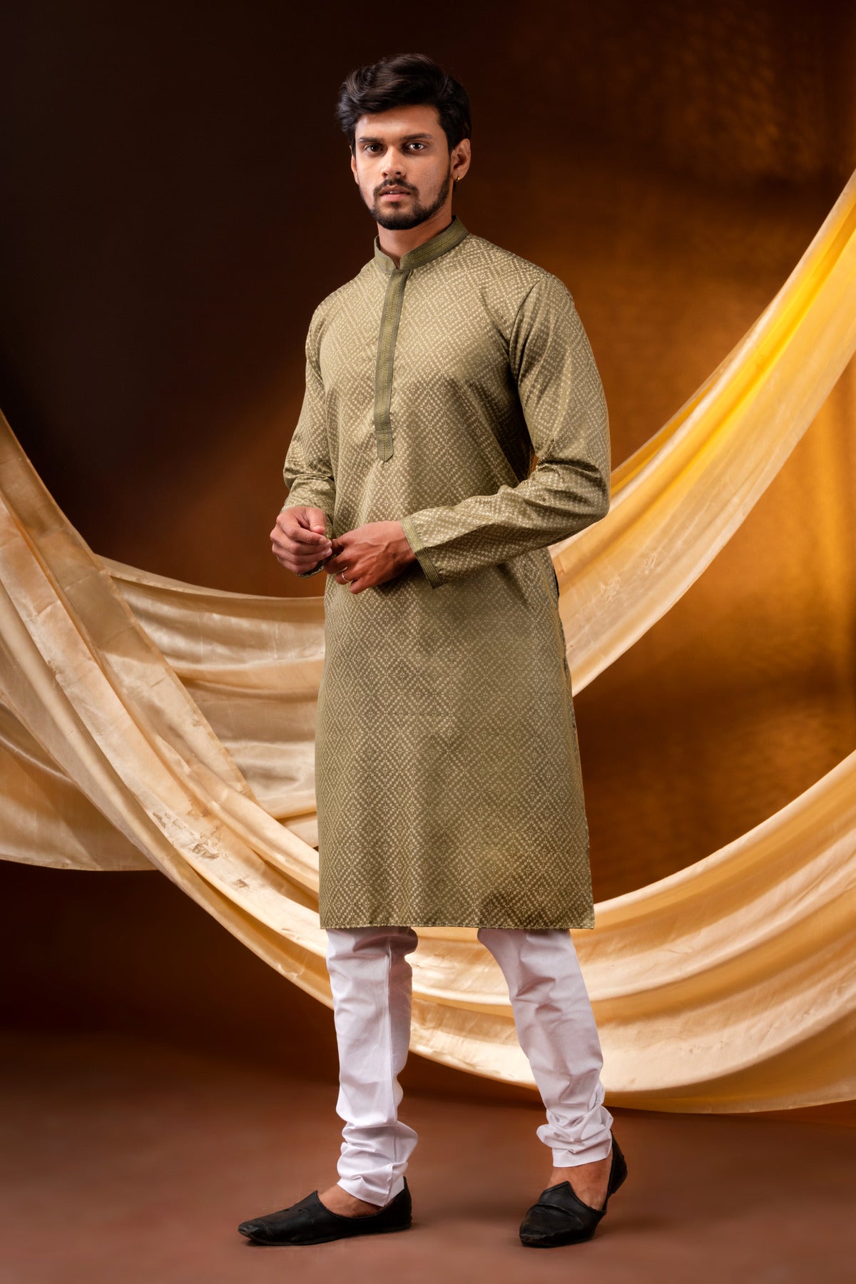 HAMSAFAR Men’s Mehndi Green Cotton Zakard Casual Kurta