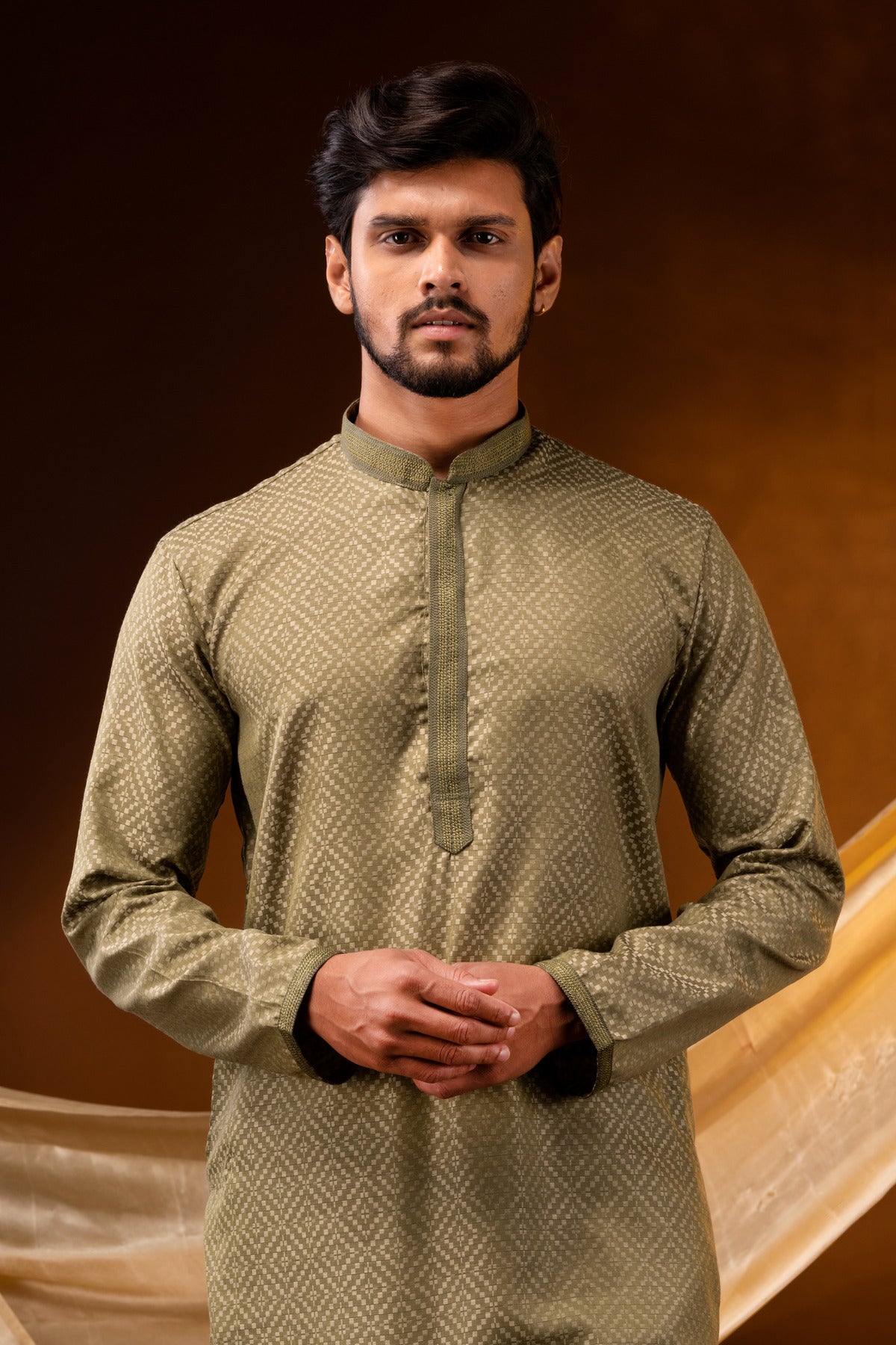 HAMSAFAR Men’s Mehndi Green Cotton Zakard Casual Kurta