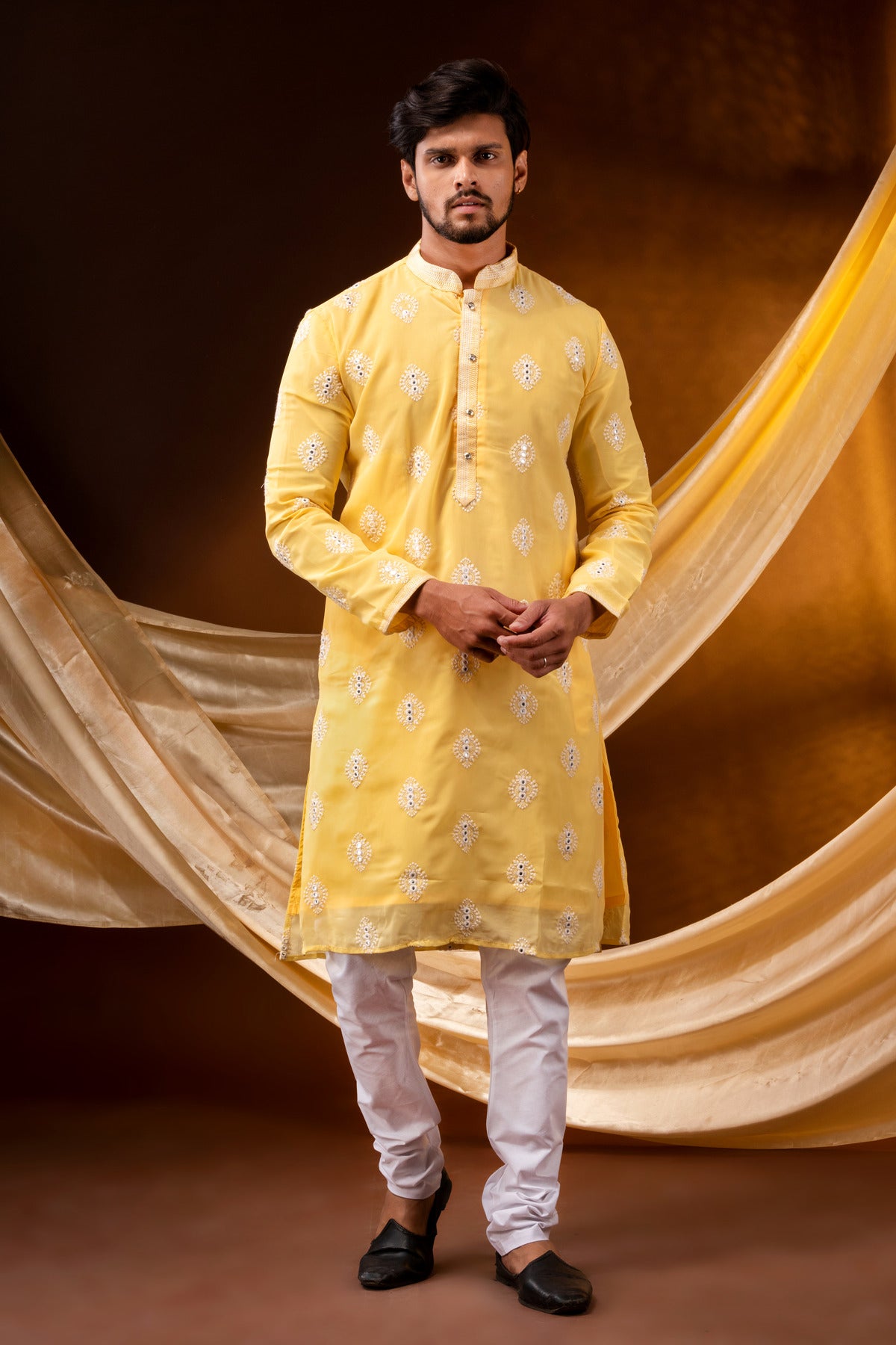 HAMSAFAR Men’s Yellow polyester Printed Party wear Kurta