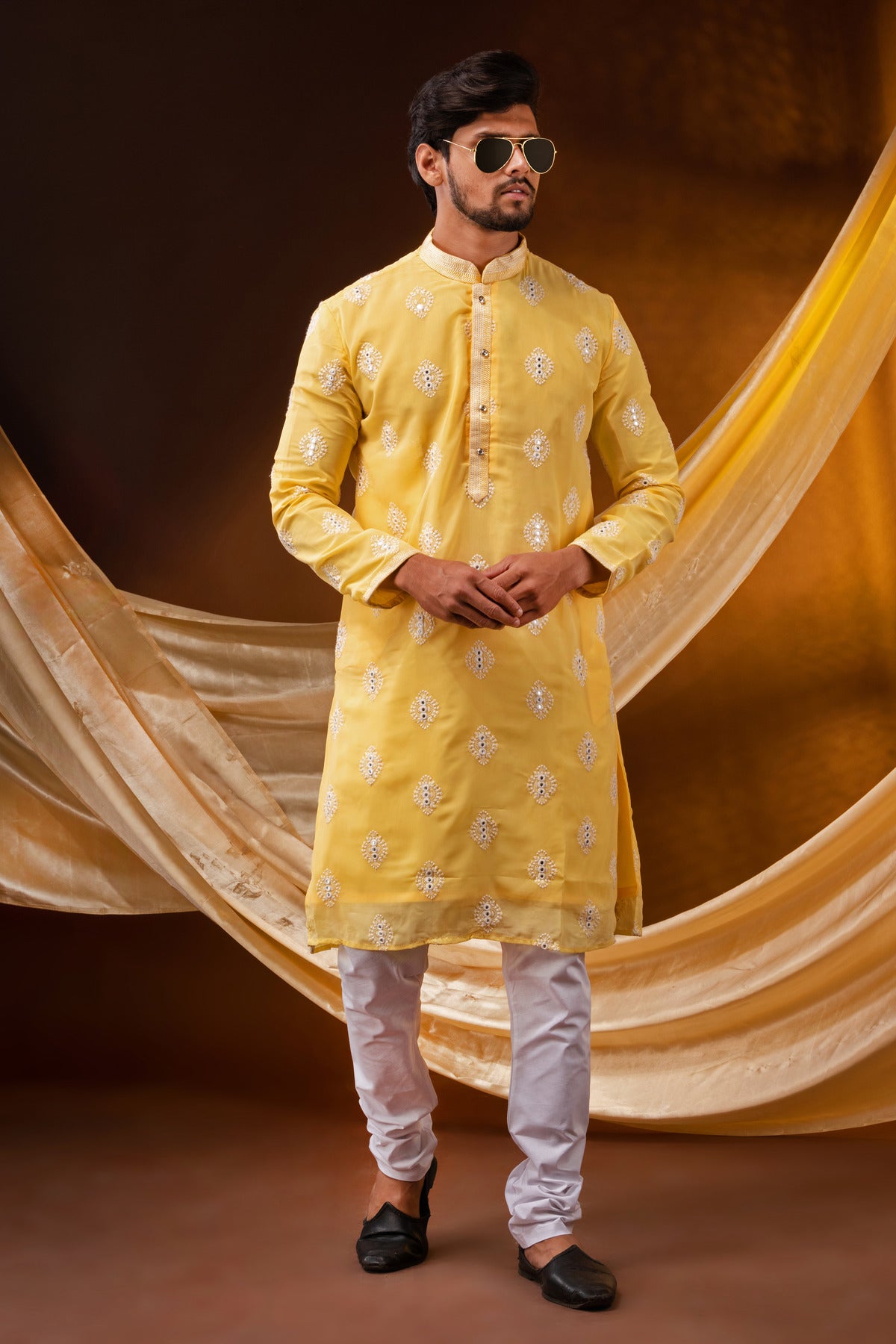 HAMSAFAR Men’s Yellow polyester Printed Party wear Kurta