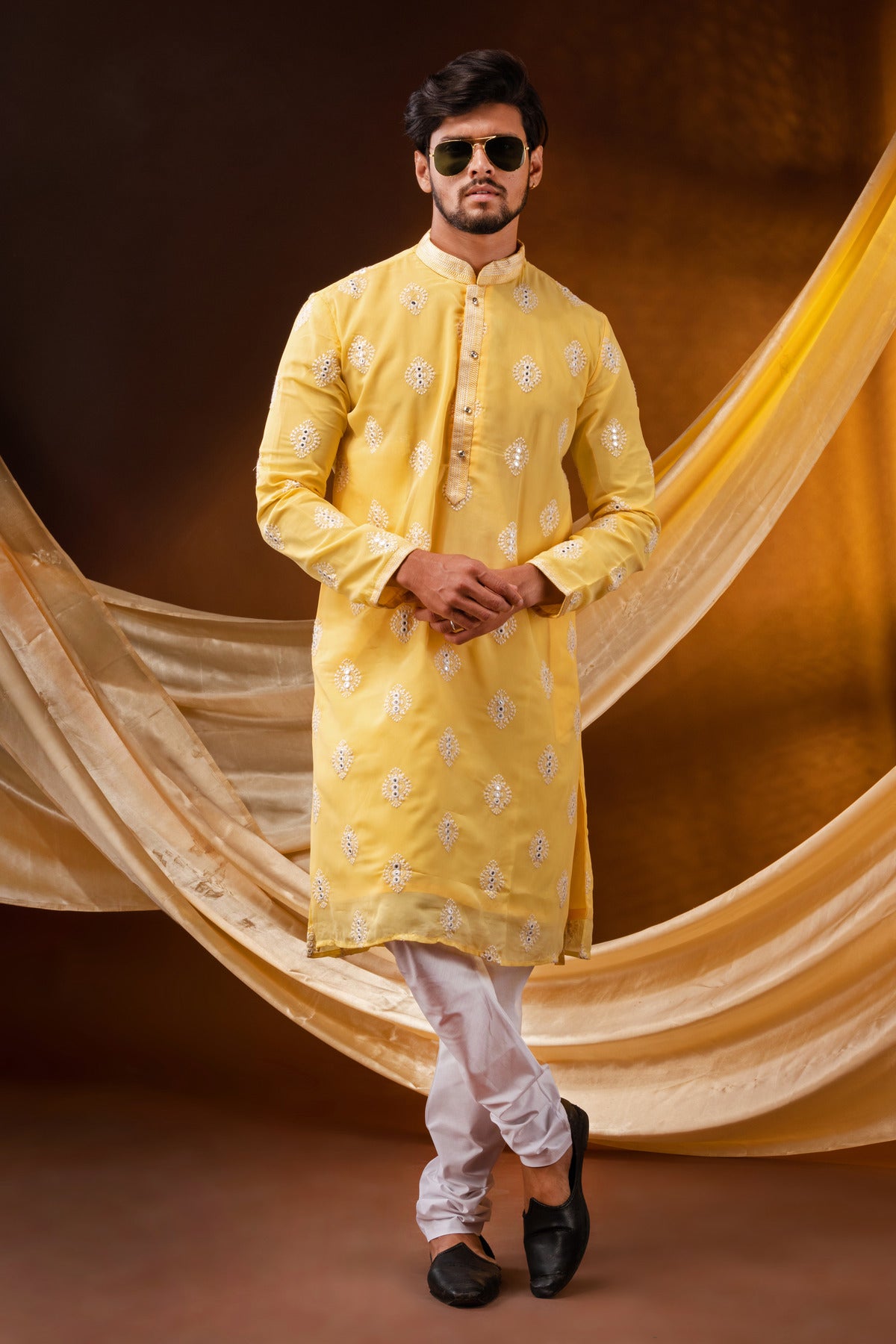 HAMSAFAR Men’s Yellow polyester Printed Party wear Kurta