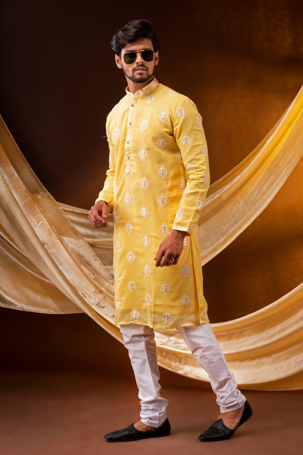 HAMSAFAR Men’s Yellow polyester Printed Party wear Kurta