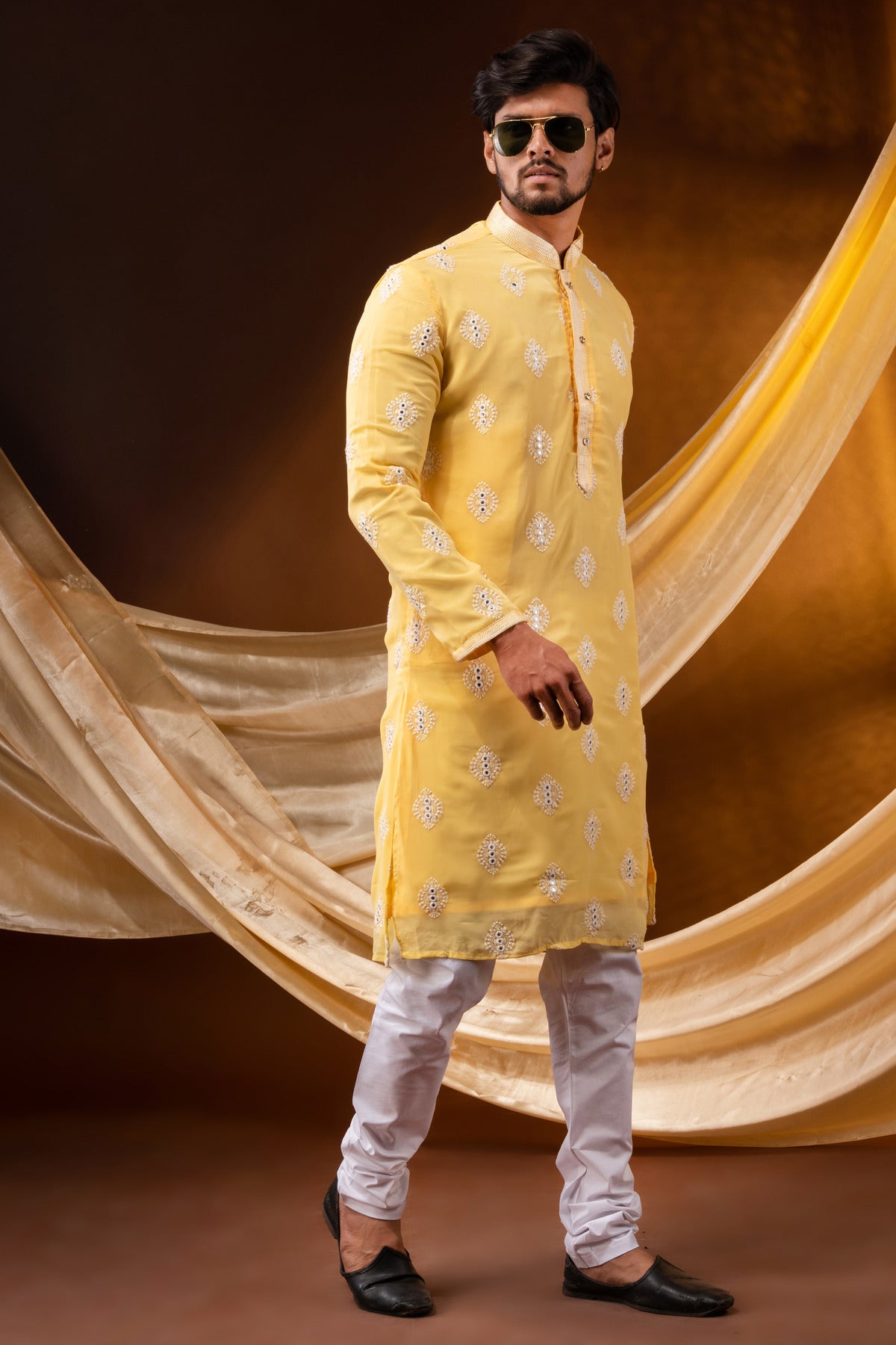 HAMSAFAR Men’s Yellow polyester Printed Party wear Kurta