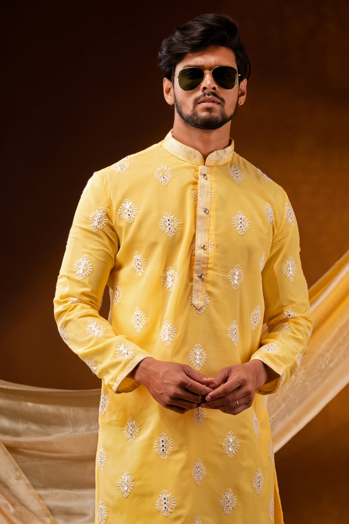 HAMSAFAR Men’s Yellow polyester Printed Party wear Kurta