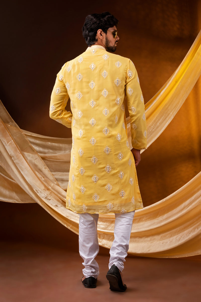 HAMSAFAR Men’s Yellow polyester Printed Party wear Kurta