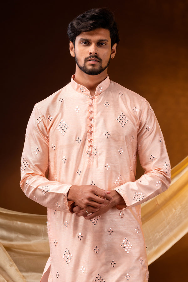 HAMSAFAR Men’s Cream Cotton Mirror Party Wear Kurta