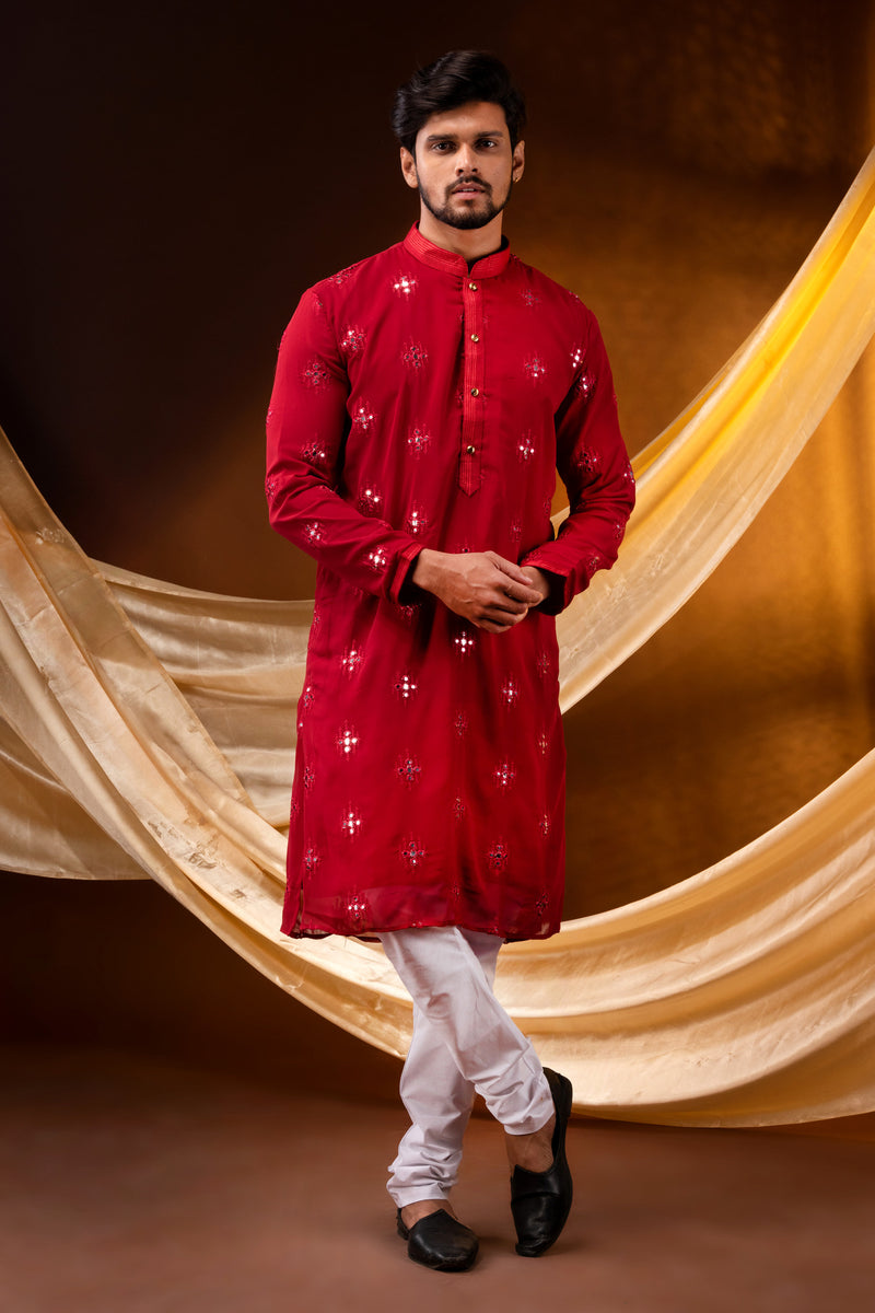 HAMSAFAR Men’s Red Georgette Sequence with cotton Astar Party wear Kurta